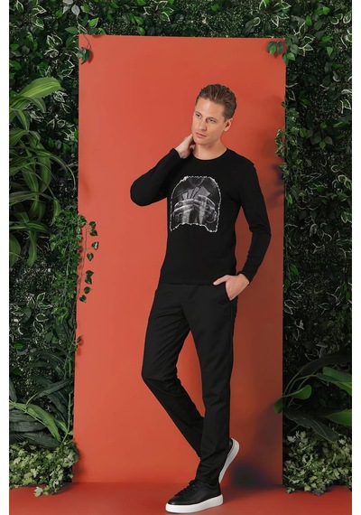 Efor Slim Fit Baskılı Bisiklet Yaka Esnek Pamuk Siyah Tişört Ts 868 Siyah