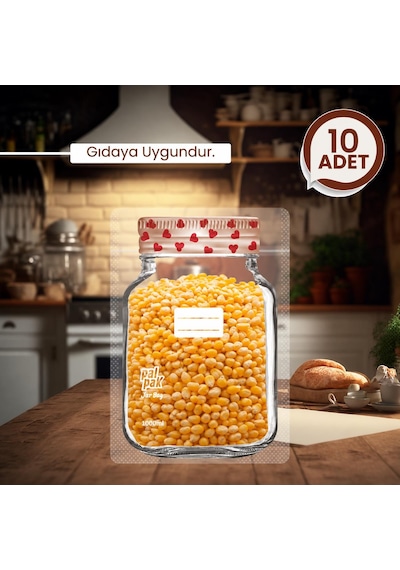 Kalp Desenli Büyük Boy Kavanoz Görünümlü Kilitli Doypack Saklama Poşeti 17x27cm - 1000ml 10 Adet