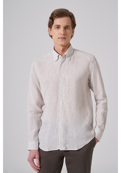 Morven Erkek Kahve Keten Trend Çizgili Dynamic Fit Düğmeli Yaka Gömlek 26ys004004400 Kahve