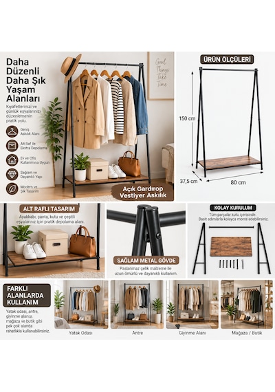 Raflı Vestiyer Askılık Metal Elbise Askılığı Açık Gardırop Kıyafet Askısı Siyah 80x37,5x150 Cm