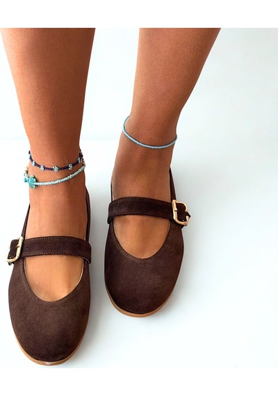 Ne&ve Shoes Kahve Süet Hakiki Deri Yuvarlak Burunlu Tokalı Kadın Babet Kahverengi