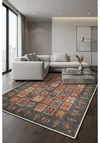 Frenda Home Binbirgece Pamuk Taban Yıkanabilir Dijital Baskılı Halı Gri