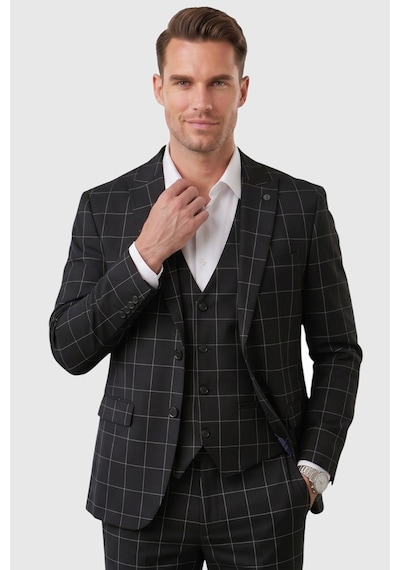 Rizzup Erkek Siyah Slim Fit 3 Lü Takım Elbise Yelekli Ekose Desenli Çift Düğme Takım Elbise 2600501