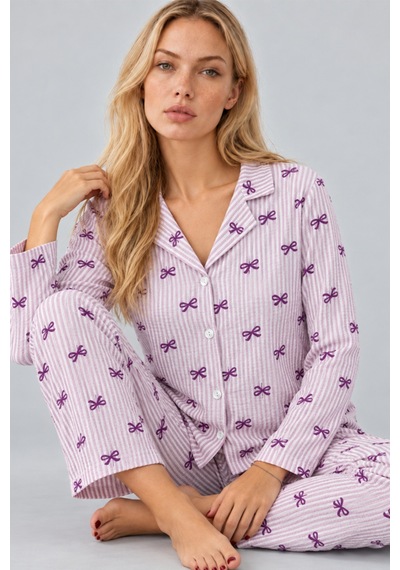 Kadın Gömlek Yaka Desenli İkili Mor Pijama Takımı 4810