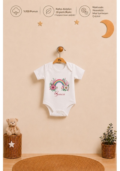 Pia Baby İsme Özel Kız Bebek Hediyesi 2'li %100 Pamuk Organik Baskılı Çıtçıtlı Body Zıbın Ve Ham Bez Kıyafet Kesesi 1065b2k0x Ekru