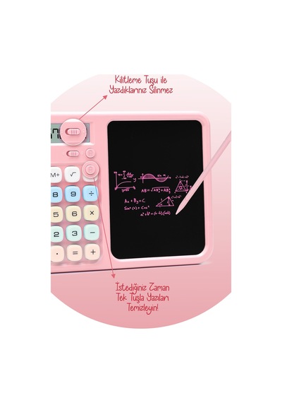 Lcd Ekran Yazı Tahtalı Hesap Makinesi 12 Haneli Tabletli Hesap Makinesi Pastel Pembe