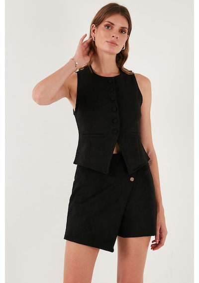 Lela Fitted Fit Bisiklet Yaka Düğmeli Yumuşak Dokulu Bayan Yelek 5866435 Siyah
