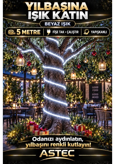 Astec Tak Çalıştır 5 Metre Yapışkanlı Beyaz Şerit Led Yılbaşı Ağacı Süsü Ve Dekoratif Ev Aydınlatması Fişe 220v