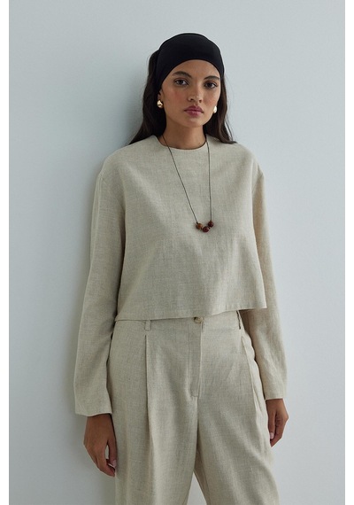 Suud Collection Natürel Mussel Crop Keten Bluz