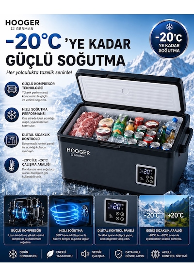 Hooger German EA 55 LTX New Series Geniş Kabin Dijital Led Ekran Oto Kamp Buzdolabı 12-24 Volt -20 Derece Hızlı Soğutma