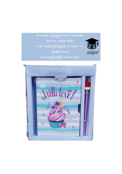48 Sayfalı Çizgili Desenli Sayfalar 13x18 Cm Defter Ebatı Mavi Mürekkepli Jel Kalem Özel Kutulu 7