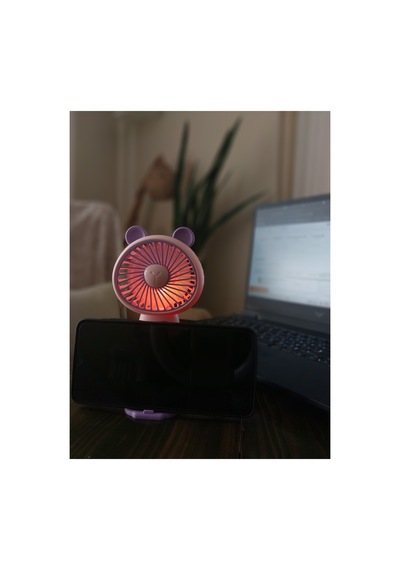 Led Işıklı Şarjlı Mini Vantilatör Telefon Standlı Usb Masaüstü Ve El Tipi Taşınabilir Fan Mor
