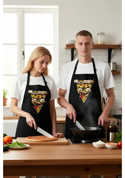 Erkek Unisex Mutfak Aşçı Önlüğü Korkunç Pizza Dilimi Yüz Baskılı Siyah