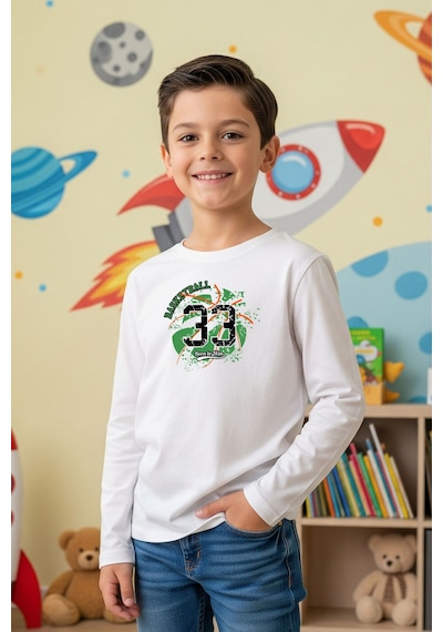 Fyk Kids Sıfır Yaka Basketball Baskılı Erkek Çocuk Sweatshirt BEYAZ