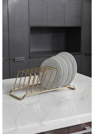 9 Bölmeli Gold Tabaklık Ve Tabak Düzenleyici Mini Bulaşıklık - Gold Dolap İçi Çay Kahve Tablası Düzenleyici