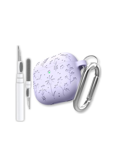 Airpods 4. Nesil Ve Airpods 5. Nesil Uyumlu Çiçek İşlemeli Premium Silikon Kulaklık Kılıfı Ve 3'ü 1 Arada Bluetooth Kulaklık Temizleme Kalemi Seti Lila