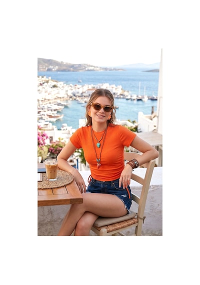 Lela Yanlardan Büzgülü Kısa Kollu Crop Bayan Bluz 5864010 Oranj