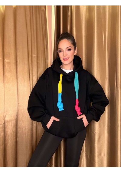 Ali Butik Renkli Kordon Detaylı Siyah Sweatshirt Siyah