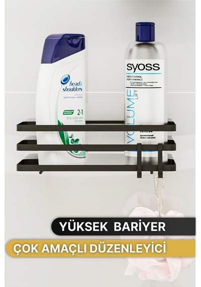 Banyo Düzenleyici Şampuanlık Sabunluk 1 Adet Lamalı Yapışkanlı 2 Askılı Duş Rafı Organizer Siyah