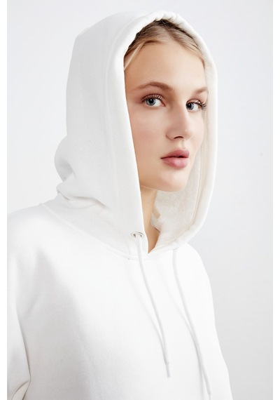 Meecy Kadın Beyaz Kapüşonlu Kanguru Cepli Sweatshirt Beyaz Beyaz