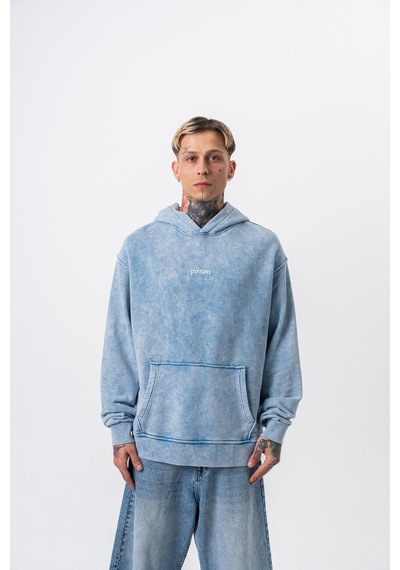 Respire Erkek Snake Baskılı Yıkamalı Kapüşonlu Oversize Hoodie Mavi