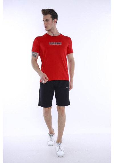 Erkek Spor Kırmızı Bisiklet Yaka Slim Fit Alt-Üst Şort Takım-3841 Kırmızı