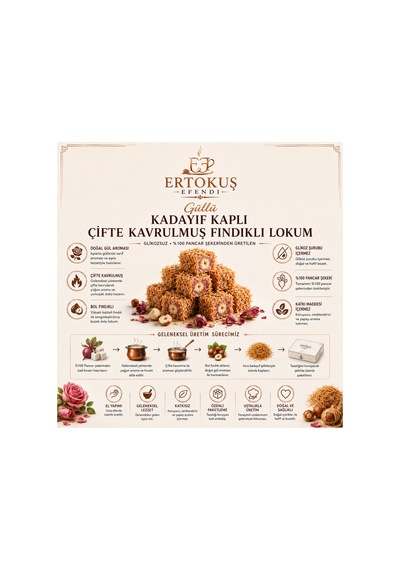 Kadayıf Kaplı Güllü Fındıklı Lokum 250gr %100 Pancar Şekeri - 886782055