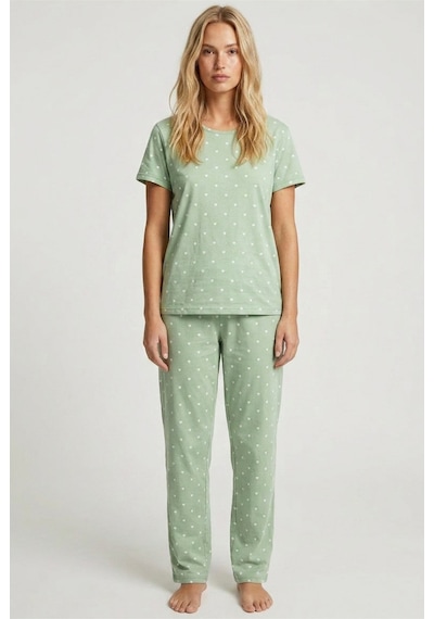 Siyah İnci Pamuklu Örme Pijama Takımı 8025 Mint Yeşil Beyaz