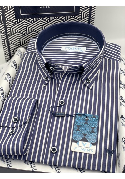 Slim Fit Uzun Kol Premium Kalın Çizgili Yaka Düğmeli Hediye Kutulu Kolay Ütülenebilir Erkek Gömlek Fs-001375 - Lacivert-1489