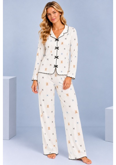 Pijamask Kadın Desenli Fiyonk Detaylı Düğmeli Uzun Kollu Müslin Pijama Takımı Beyaz-22