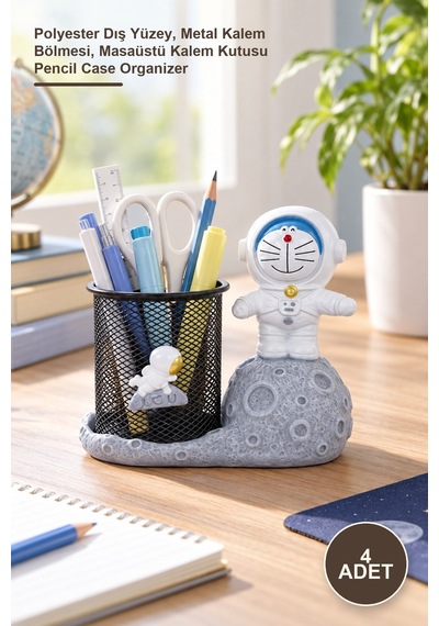 4 Adet Astronot Temalı Kalemlik Polyester Dış Yüzey, Metal Kalem Bölmesi, Masaüstü Kalem Kutusu Pencil Case Organizer Diğer