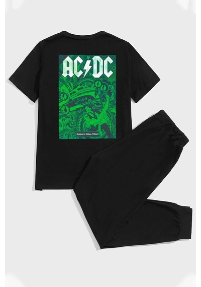 Uyguntarz Acdc Baskılı Pamuk Spor Eşofman Takımı Siyah-279076