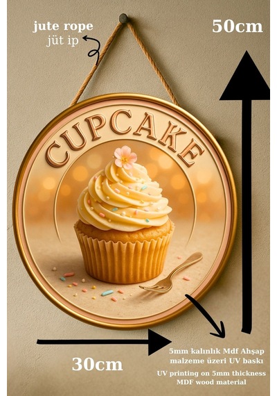Cupcake Muffin Temalı İpli Ahşap Kapı Duvar Süsü, Pastane, Tatlı Dükkanı, Cafe Tablo Dekoru