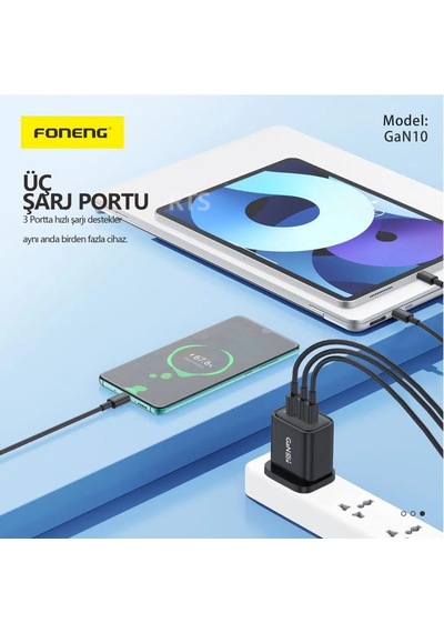 Foneng Gan10 65w 2xtype-c 1x Usb 3 Girişli Type-c To Type-c Kablo Set -