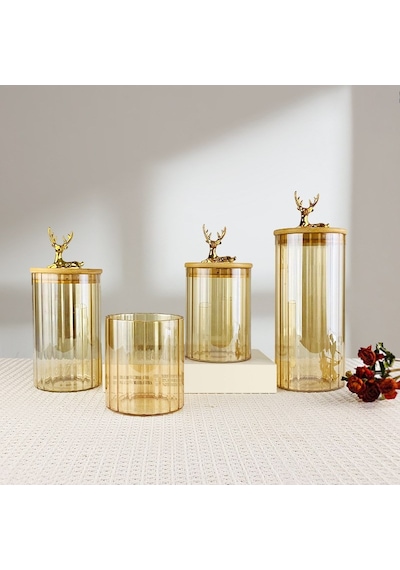 Morponi Borosilikat Cam Geyik Başlıklı Bambu Kapaklı Cam Kavanoz Seti 500-750-1000-1200 Ml Amber Şeffaf