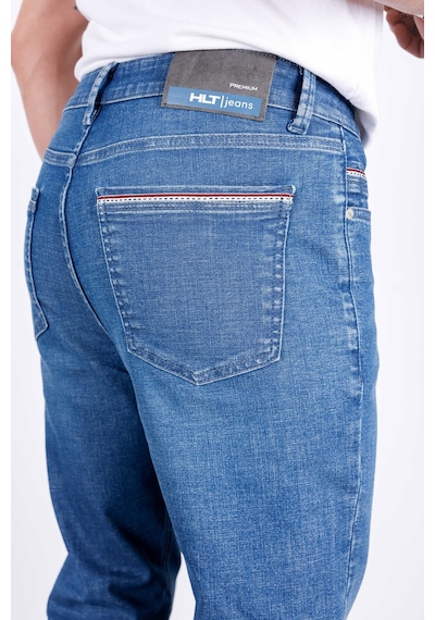 HLT Jeans Erkek Şerit Detaylı Mavi Regular Fit Boru Paça Esnek Likralı Jeans Kot Pantolon Hlthe001964 Beyaz - Mavi