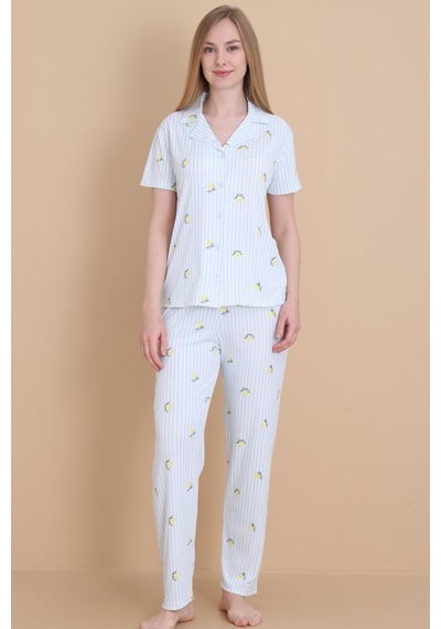 Wordex Mirano 9515 Çizgili Pegasus Pamuklu Kumaş Düğmeli Kısa Kolu Kadın Pijama Takımı Ekru Wordex Mirano 9515 Çizgili Pegasus Pamuklu Kumaş Düğmeli Kısa Kolu Kadın Pijama Takımı Ekru