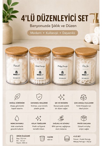4 Lü Ahşap Kapaklı Akrilik Banyo Düzenleyici Seti Şeffaf