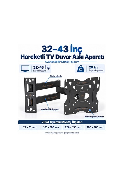 32 43 İnç Hareketli Tv Duvar Askı Aparatı Ayarlanabilir Metal, Vesa 75x75 / 100x100 / 200x150 / 200x200 Mm, 20 Kg Taşıma Kapasitesi 50-cm