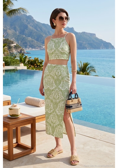 Lela Slim Fit Ip Askılı Yırtmaçlı Midi Alt-Üst Bayan Takım 5869021 Olive