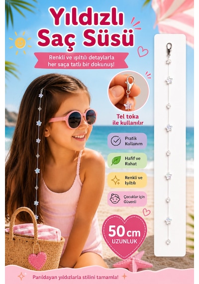 Işıltılı Yıldızlı Saç Aksesuarı 50 Cm Pratik Klipsli Çocuk Saç Süsü Diğer