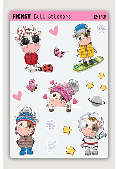 Sevimli Boğa Sticker Seti - 18 Adet Etiket Çıkartma Diğer