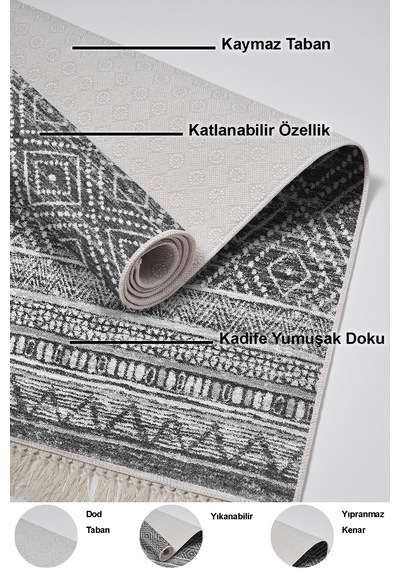 Dekoreko Kaymaz Taban Djt Salon Halısı Trend Saçaklı Iskandinav F5087 Antrasit
