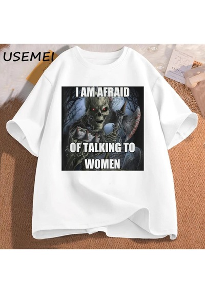 Startmore Ben Kadın T-shirt Erkek Pamuk Kısa Kollu Tees İle Konuşmaktan Korkuyorum Komik Sert İskelet M 3016 Beyaz