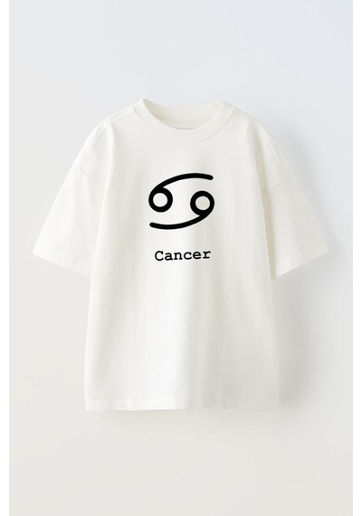 Thewert Unisex Yengec Burcu Tasarım Baskılı Pamuk Beyaz Oversize T-shirt