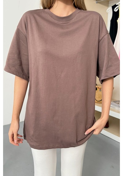 Giysa Kadın Bisiklet Yaka Oversize %100 Pamuklu Basic T-shirt Açık Kahverengi - 26y 26501 Açık Kahverengi