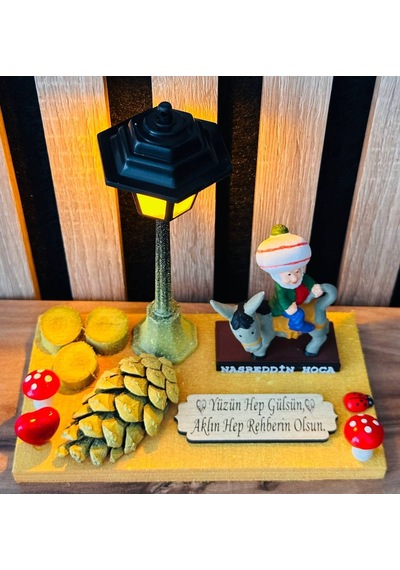 Dekoratif Nasreddin Hoca Biblosu Işıklı Ahşap Standlı El Yapımı Nostaljik Hediye