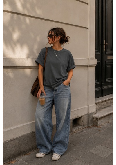 Seeh Füme Kısa Kollu Oversize Basic Kadın T-shirt Sh281