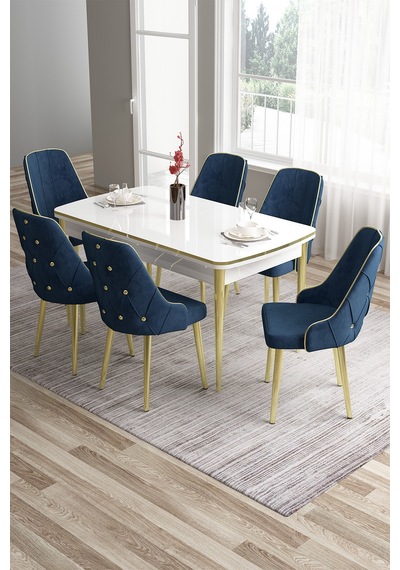 Canisa Tia Serisi 80x132 Açılabilir Mdf Mutfak Masası Takımı Beyaz Masa Gold Detay 6 Lacivert Sandalye Masa Beyaz Sandalye Lacivert Canisa Tia Serisi 80x132 Açılabilir Mdf Mutfak Masası Takımı Beyaz Masa Gold Detay 6 Lacivert Sandalye Masa Beyaz Sandalye Lacivert