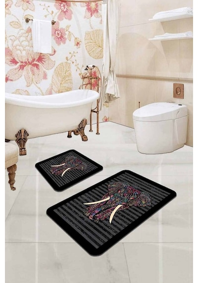 Füme Fil Desenli Banyo Halısı Klozet 2'li Paspas Seti Bs339n11